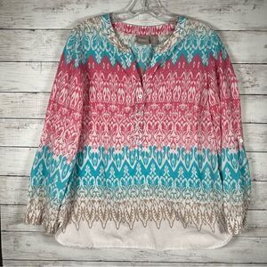 Chico's Ikat Cotton Print Rolltab Sleeve Pink Turquoise Blouse Top 1/ M